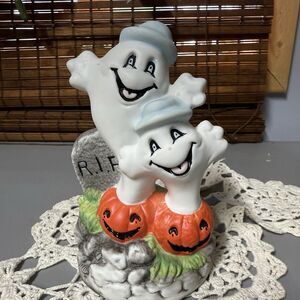 Vtg Ceramic Light Up Ghost Pumpkin Halloween Figure Decor Spooky Trick Or Treat